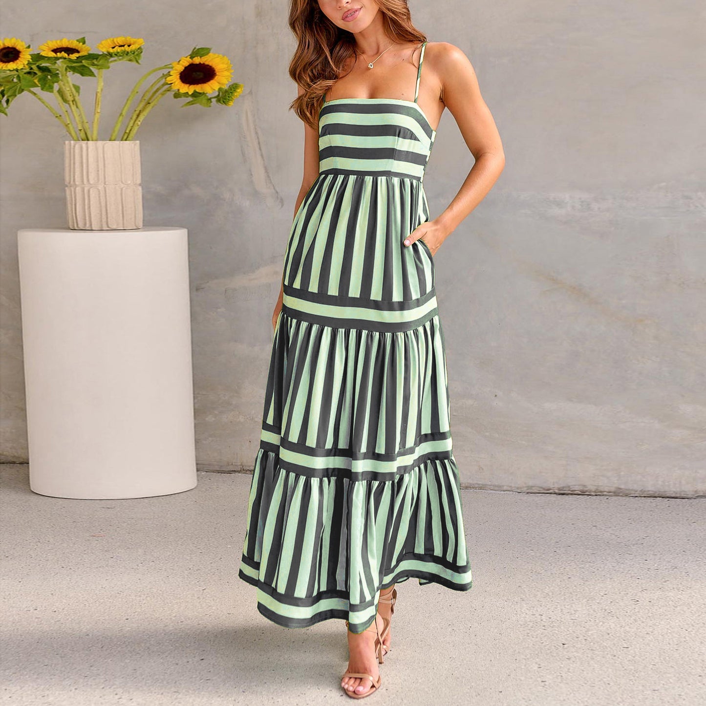 Robe Longue d'Été à Rayures – Dos Nu, Vacances Plage