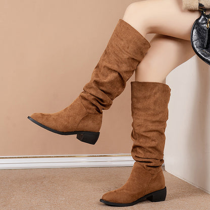 Bottes Hautes Suède Femme à Talon Épais et Bout Pointu
