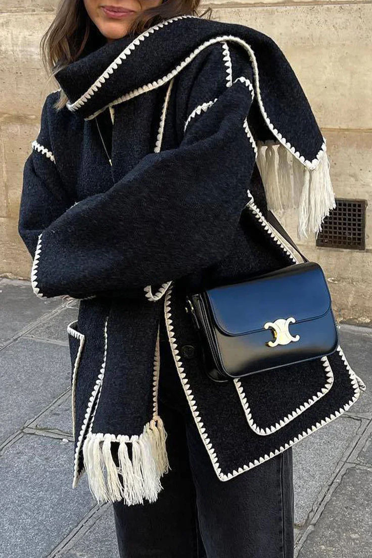 Manteau en Laine Femme Épais et Ample avec Écharpe - Veste Élégante d'Hiver Draped fringed wool-blend jacket