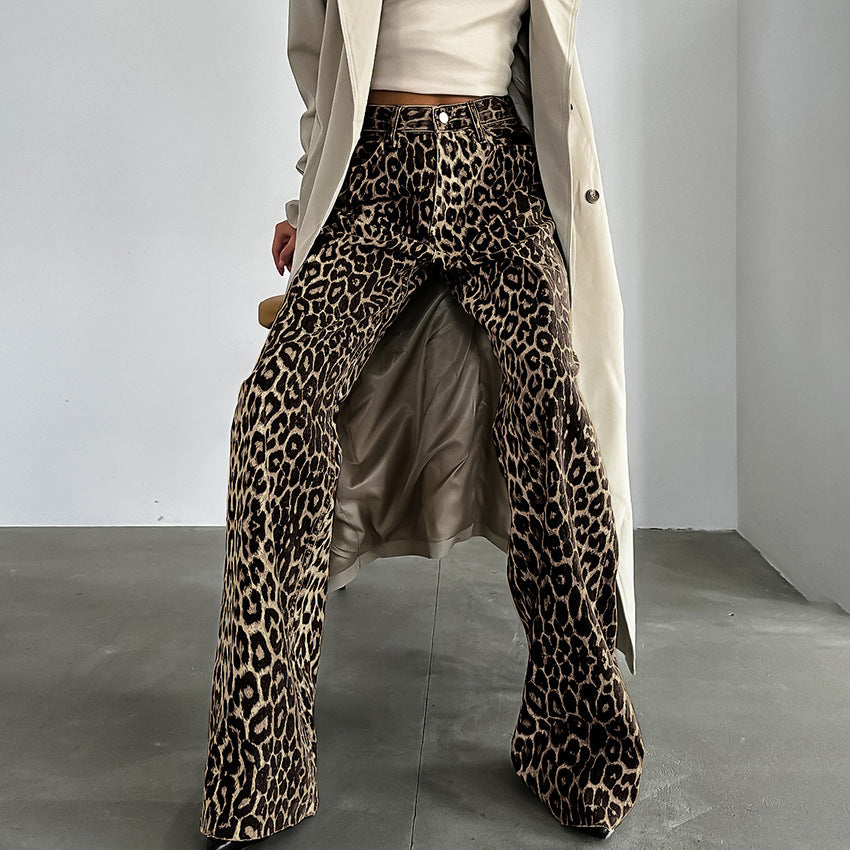 Pantalon Large Léopard Femme - Taille Basse, 100% Coton, Style Rétro Été