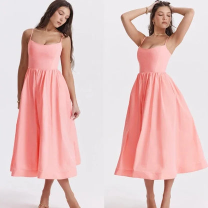 Robe Midi Rose Poudré - Élégante à Bretelles Sexy et Fraîche