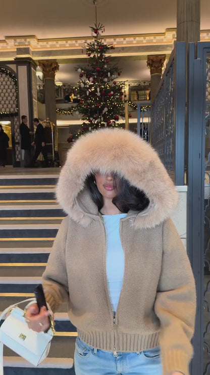 Cardigan Femme Haut de Gamme à Capuche avec Col en Fourrure Tricoté