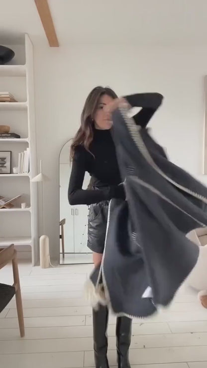 Manteau en Laine Femme Épais et Ample avec Écharpe - Veste Élégante d'Hiver Draped fringed wool-blend jacket