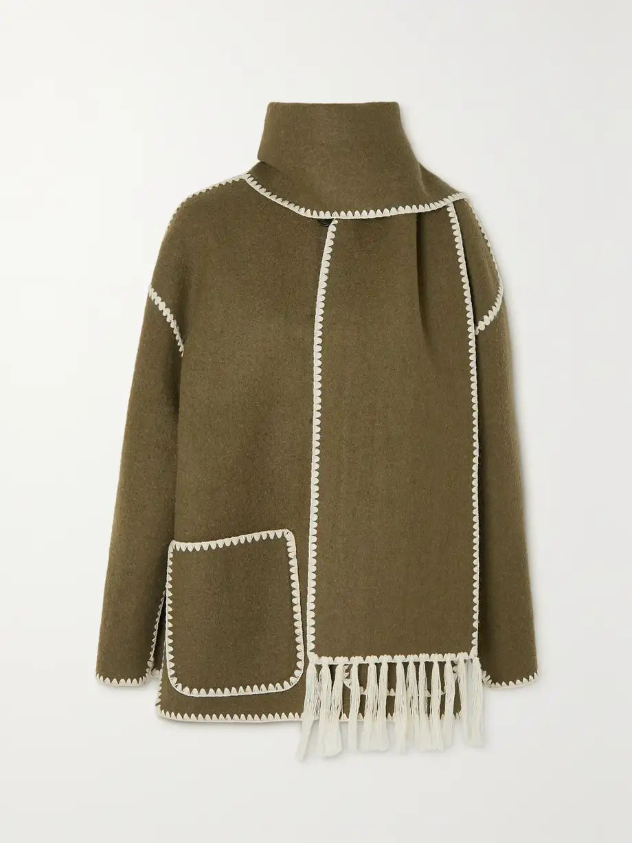 Manteau en Laine Femme Épais et Ample avec Écharpe - Veste Élégante d'Hiver Draped fringed wool-blend jacket